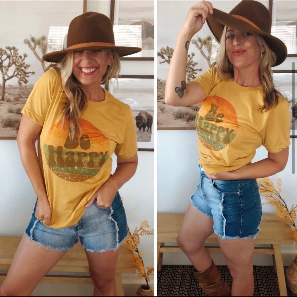New! “Be Happy “Mustard vintage Heather Tee - Picture 5 of 7